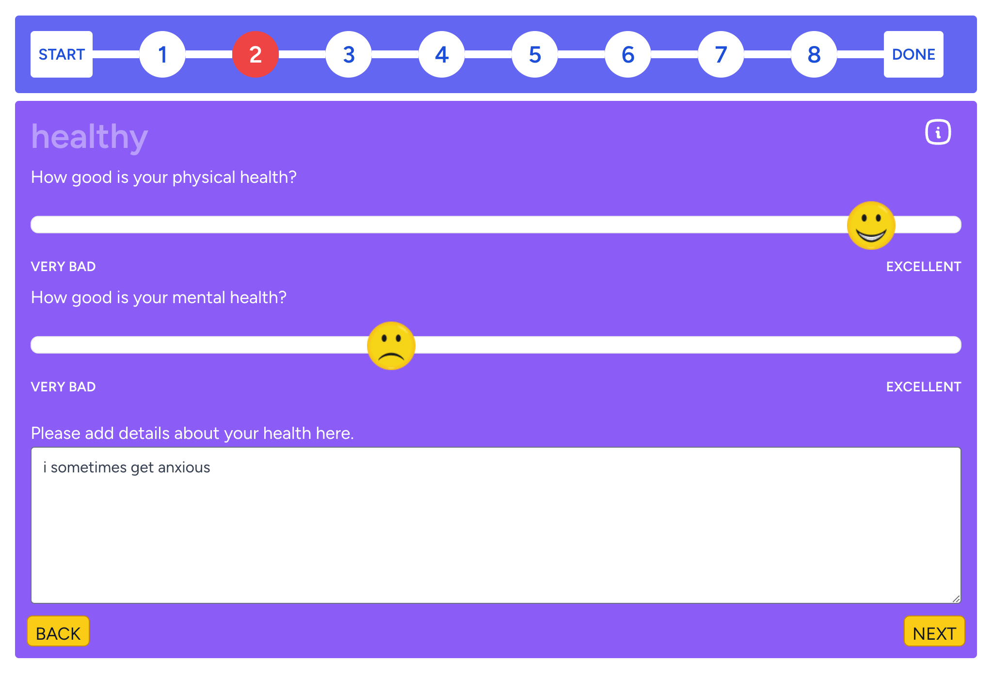 View of Wellbeing Survey input screen